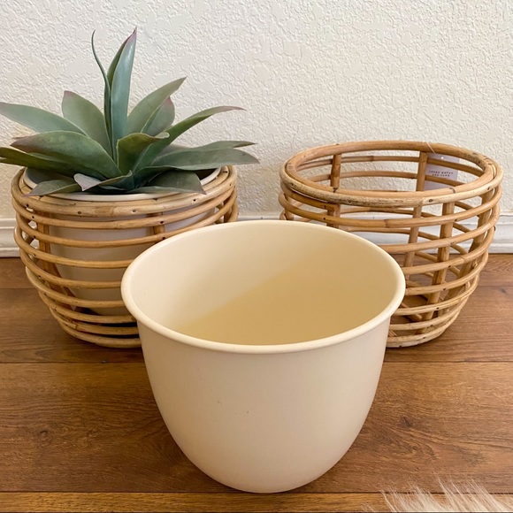 Ivory Metal Planter with Rattan Cane Stand *set of 2 - Picture 3 of 3